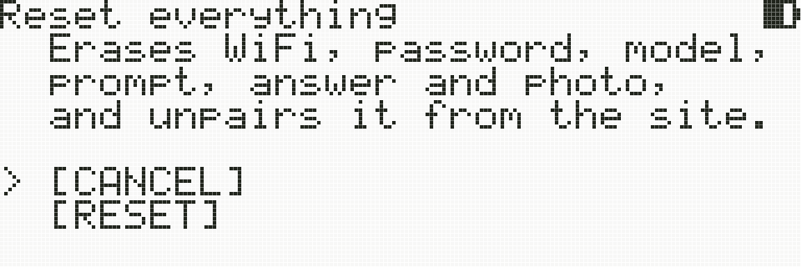 The “Reset everything” screen with [CANCEL] and [RESET]