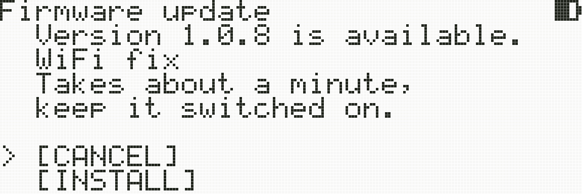 The “Version 1.0.8 is available” screen with [CANCEL] and [INSTALL]